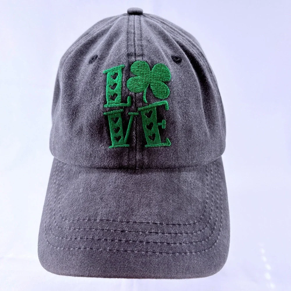 LOVE Shamrock Embroidered Washed Cotton Gray Baseball Cap Dad Hat